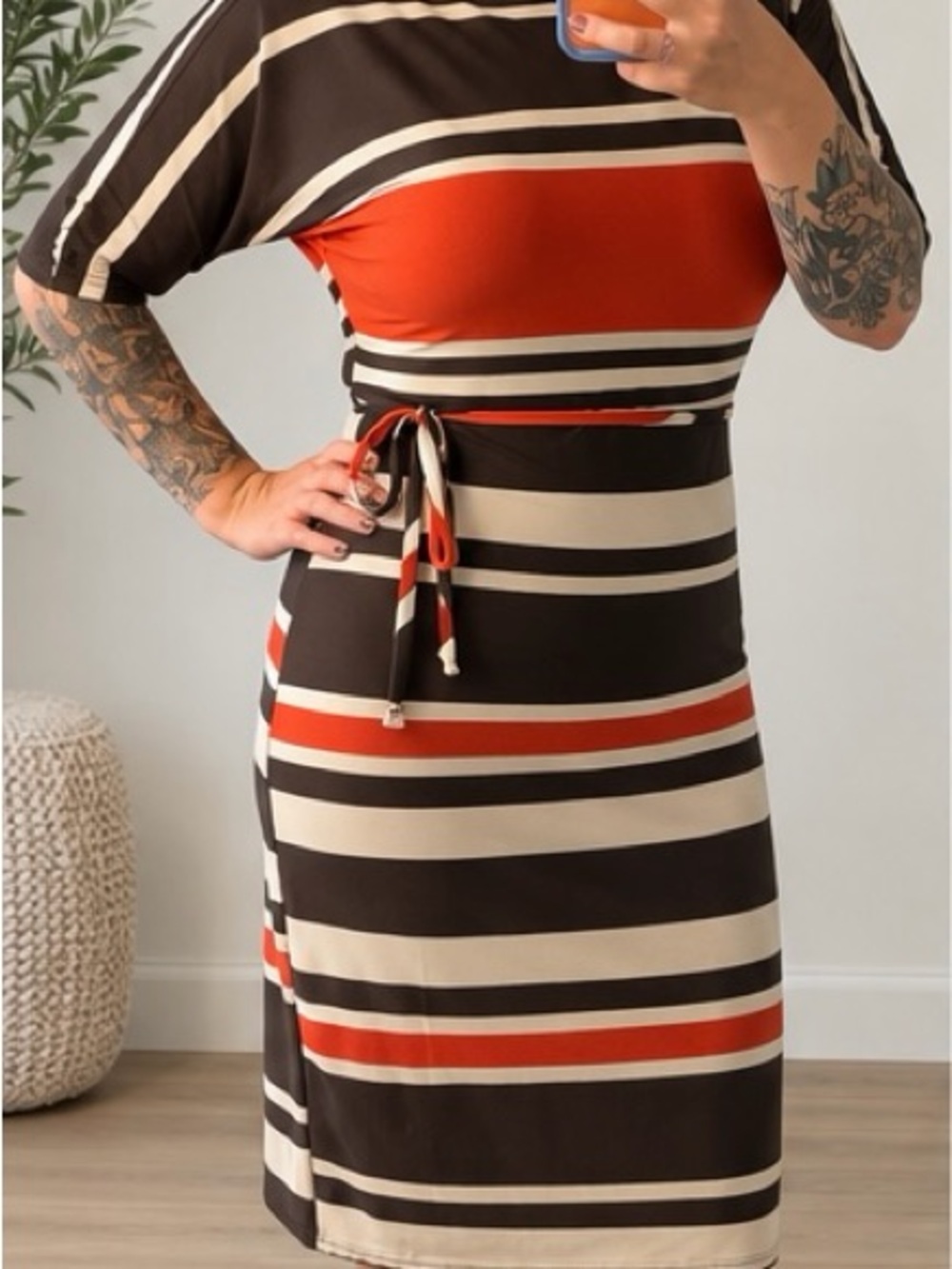 karin stevens Brown, Cream & Red Striped Tie-Waist Midi Dress